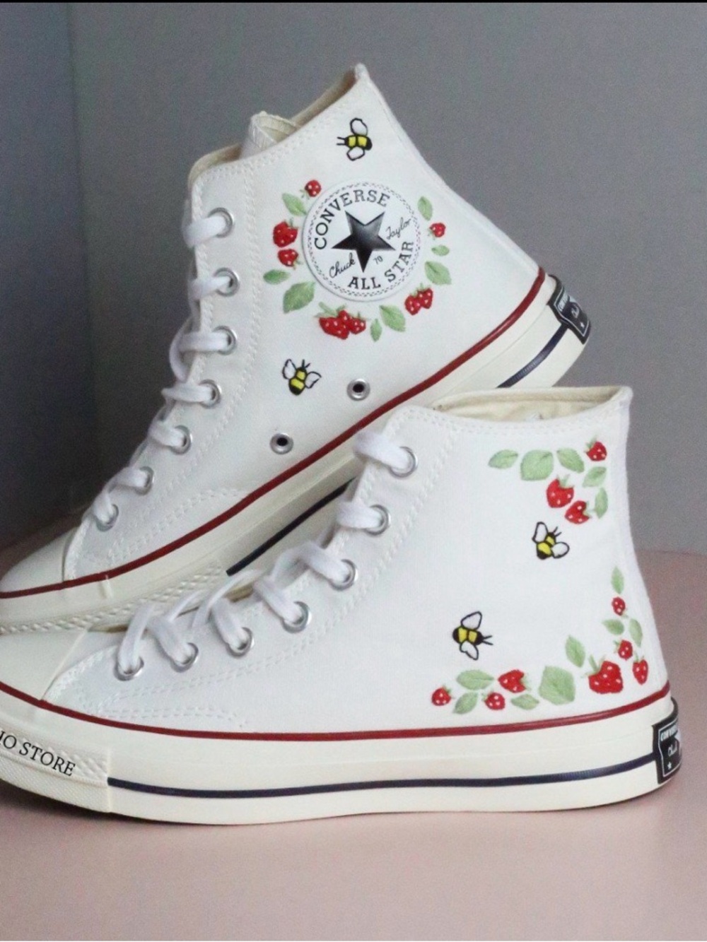 SOLD- Converse White High Top Sneakers with Red Strawberry & Yellow Bee Accents